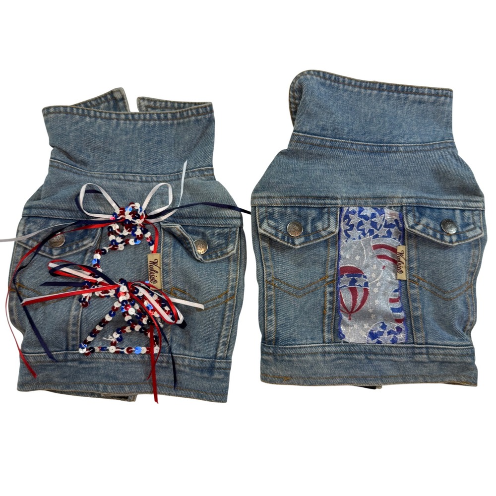 Woolrich Small Dog Denim Jacket Vest Set Patriotic Sequin Stars Blue Medium Wash